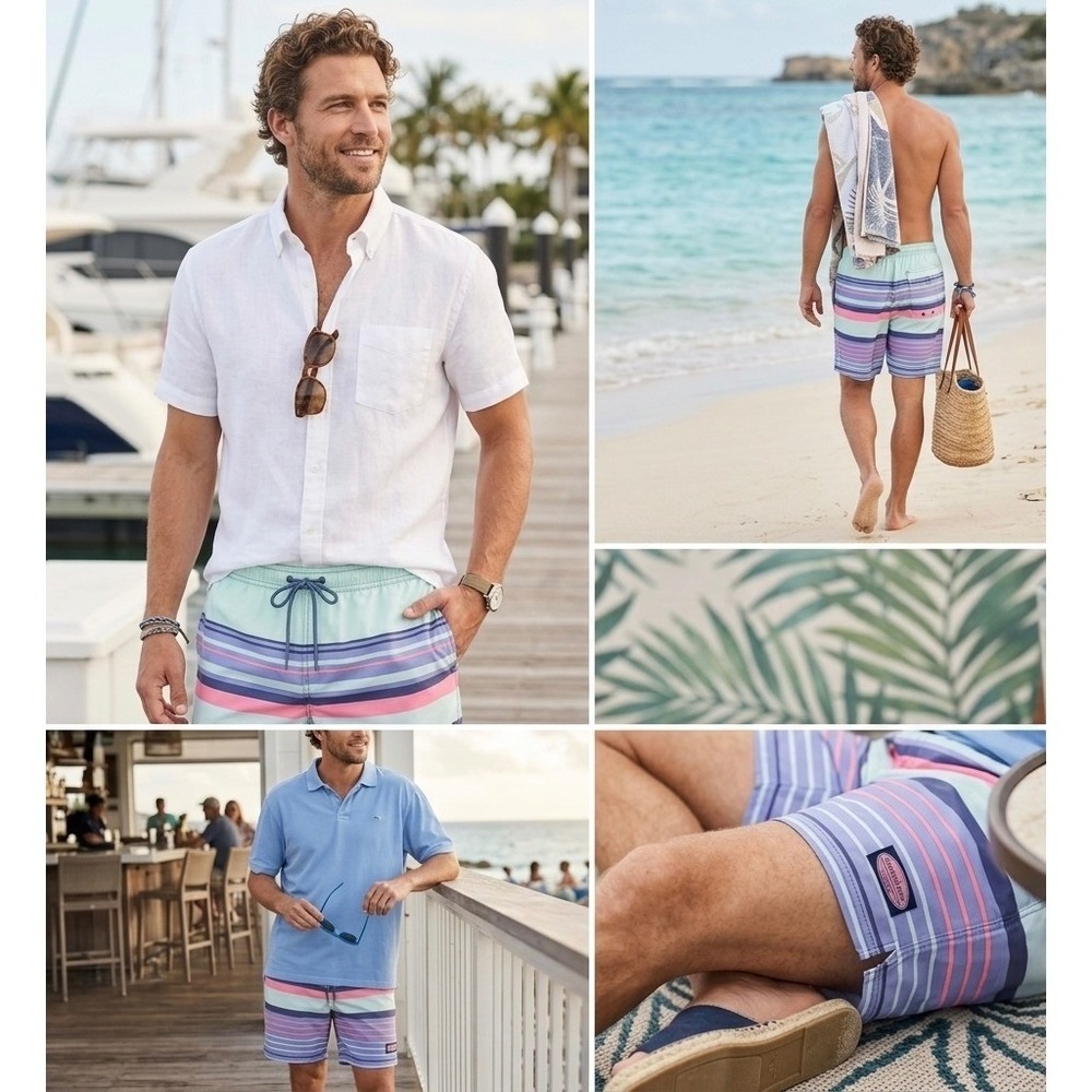 Vineyard Vines Shorts Mens Chappy Striped Swim Trunks Blue Pink XS 1M001110